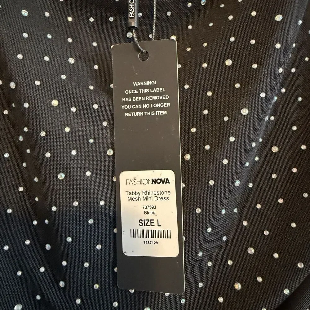 NWT Fashion Nova Tabby Mesh Rhinestone Mini Bodycon Dress Size L Stretch - Picture 4 of 7
